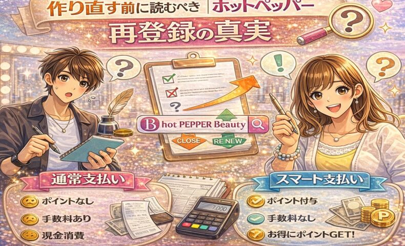 ホットペッパーアカウント再登録の注意点と真実を表現したカラフルな美容室イメージ