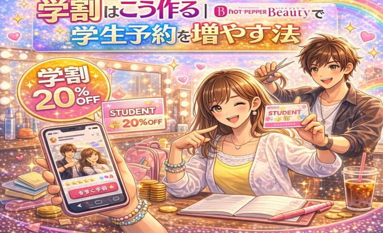 ホットペッパービューティーで学割を活用し学生予約を増やす方法を紹介するカラフルな美容室イメージ