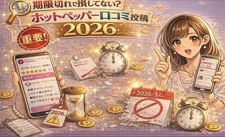 ホットペッパー口コミ投稿ルール2026と期限切れの注意を表現した華やかなイメージ