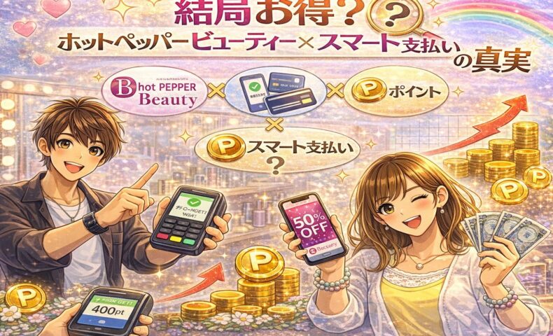 ホットペッパービューティーのスマート支払いとポイントの仕組みを表現したカラフルな美容室イメージ