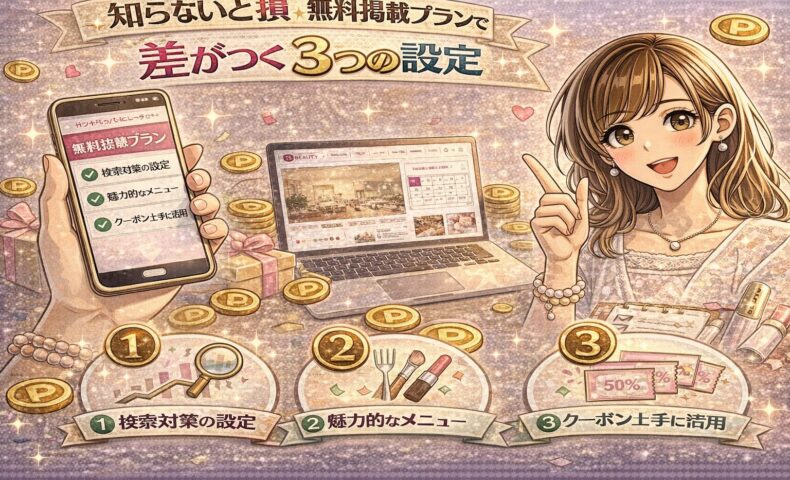 無料掲載プランで差がつく3つの設定を解説するホットペッパービューティーのイメージ