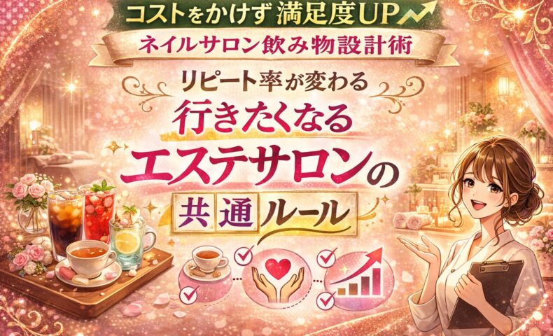 コストをかけず満足度を高めるネイルサロンの飲み物サービス設計を表現した華やかなアイキャッチ画像