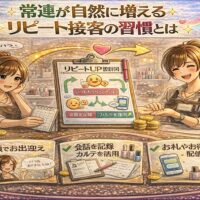 常連客が自然に増えていく様子を、笑顔で会話するネイリストと繰り返し来店する顧客、満席カレンダーで表現したアニメ風アイキャッチ画像