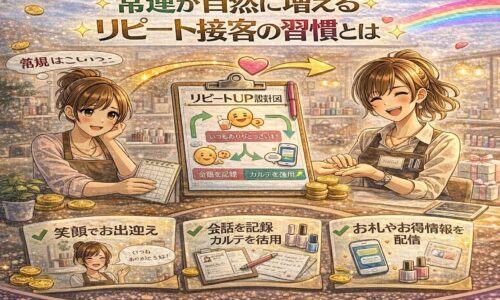 常連客が自然に増えていく様子を、笑顔で会話するネイリストと繰り返し来店する顧客、満席カレンダーで表現したアニメ風アイキャッチ画像