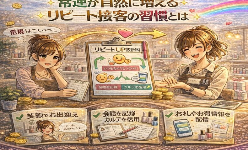 常連客が自然に増えていく様子を、笑顔で会話するネイリストと繰り返し来店する顧客、満席カレンダーで表現したアニメ風アイキャッチ画像