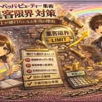 ホットペッパービューティー集客の限界対策をテーマにしたアイキャッチ画像。中央に「LIMIT」と書かれた壁と虫眼鏡、上昇矢印やコイン、チェックリストが描かれ、売上頭打ちからの突破を示唆する構図。サロンオーナーが戦略を立てている様子。