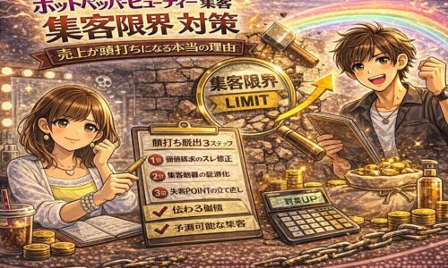 ホットペッパービューティー集客の限界対策をテーマにしたアイキャッチ画像。中央に「LIMIT」と書かれた壁と虫眼鏡、上昇矢印やコイン、チェックリストが描かれ、売上頭打ちからの突破を示唆する構図。サロンオーナーが戦略を立てている様子。