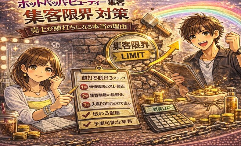 ホットペッパービューティー集客の限界対策をテーマにしたアイキャッチ画像。中央に「LIMIT」と書かれた壁と虫眼鏡、上昇矢印やコイン、チェックリストが描かれ、売上頭打ちからの突破を示唆する構図。サロンオーナーが戦略を立てている様子。