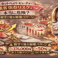 ホットペッパービューティー集客の依存リスクをテーマにしたアイキャッチ画像。炎やひび割れた円グラフ(売上92%依存)を背景に、予約数72件→30件へ減少、−58%の下落グラフ、売上−376,000円などの警告数字が表示されている。右側には不安そうな女性がスマートフォン画面(予約アプリ表示)を見せ、危機感を訴える構図になっている。