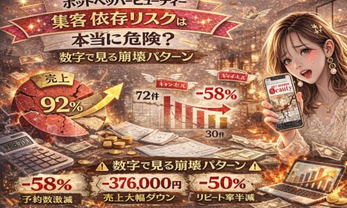 ホットペッパービューティー集客の依存リスクをテーマにしたアイキャッチ画像。炎やひび割れた円グラフ（売上92％依存）を背景に、予約数72件→30件へ減少、−58％の下落グラフ、売上−376,000円などの警告数字が表示されている。右側には不安そうな女性がスマートフォン画面（予約アプリ表示）を見せ、危機感を訴える構図になっている。