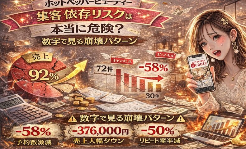 ホットペッパービューティー集客の依存リスクをテーマにしたアイキャッチ画像。炎やひび割れた円グラフ（売上92％依存）を背景に、予約数72件→30件へ減少、−58％の下落グラフ、売上−376,000円などの警告数字が表示されている。右側には不安そうな女性がスマートフォン画面（予約アプリ表示）を見せ、危機感を訴える構図になっている。