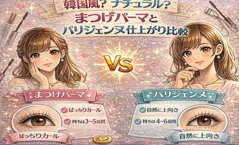 韓国風とナチュラルな仕上がりを比較した、まつげパーマとパリジェンヌの美容イメージ
