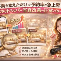ホットペッパービューティーの写真を改善することで予約率が急上昇する様子を表現したアイキャッチ画像。スマホ画面のビフォー・アフター比較、+264％の上昇グラフ、カメラを持つ女性、チェックリスト「清潔感と明るさ」「広く見せる構図」「映える色味と調整」などが配置されている。