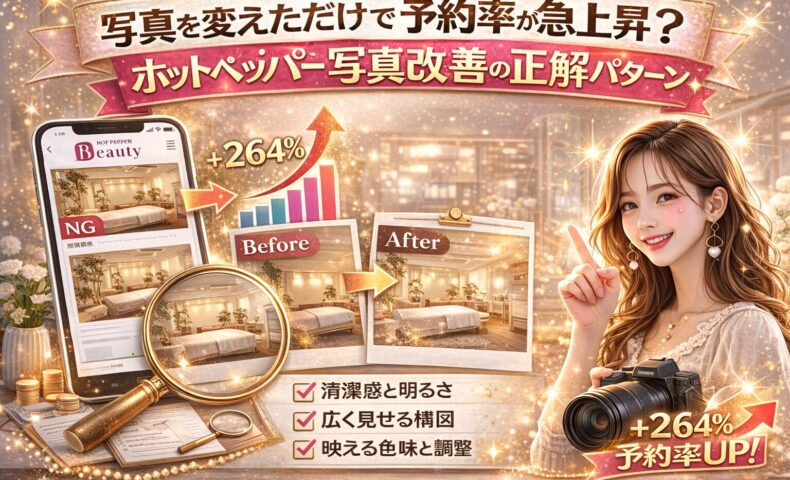ホットペッパービューティーの写真を改善することで予約率が急上昇する様子を表現したアイキャッチ画像。スマホ画面のビフォー・アフター比較、+264％の上昇グラフ、カメラを持つ女性、チェックリスト「清潔感と明るさ」「広く見せる構図」「映える色味と調整」などが配置されている。