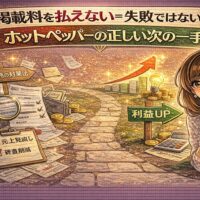 掲載料を払えない状況でも次の一手を考える女性と、利益改善を示す矢印やチェックリストが描かれたホットペッパー戦略アイキャッチ画像