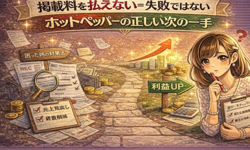 掲載料を払えない状況でも次の一手を考える女性と、利益改善を示す矢印やチェックリストが描かれたホットペッパー戦略アイキャッチ画像