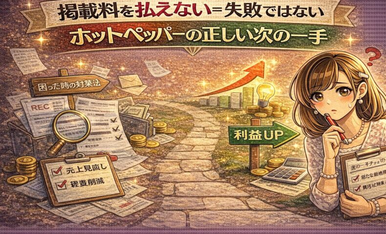 掲載料を払えない状況でも次の一手を考える女性と、利益改善を示す矢印やチェックリストが描かれたホットペッパー戦略アイキャッチ画像