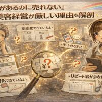 「技術があるのに売れない」悩みを抱える美容師と、差別化不足・PR不足・リピート不足などの原因を示す要素を描いたアンティーク調アニメ風アイキャッチ画像