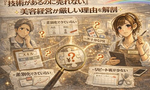 「技術があるのに売れない」悩みを抱える美容師と、差別化不足・PR不足・リピート不足などの原因を示す要素を描いたアンティーク調アニメ風アイキャッチ画像