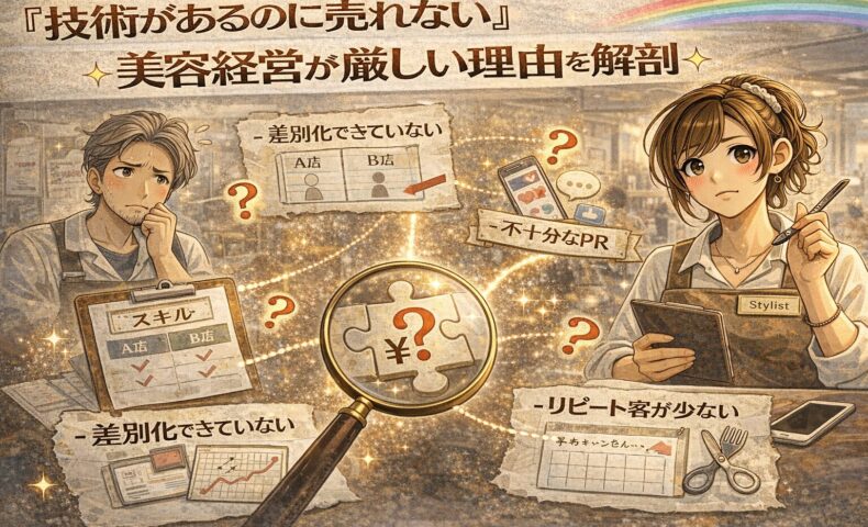 「技術があるのに売れない」悩みを抱える美容師と、差別化不足・PR不足・リピート不足などの原因を示す要素を描いたアンティーク調アニメ風アイキャッチ画像