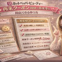 ホットペッパービューティーの再来クーポン設計をテーマにしたアイキャッチ画像。ゴールドとピンクを基調に、「再来率UP 3つの仕掛け」と書かれたチェックリスト、売上や再来率が2倍になった数値データ、クーポン券や電卓、カレンダーが配置され、右側に再来クーポン設計ガイドを持つ女性が描かれている。