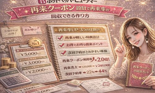 ホットペッパービューティーの再来クーポン設計をテーマにしたアイキャッチ画像。ゴールドとピンクを基調に、「再来率UP 3つの仕掛け」と書かれたチェックリスト、売上や再来率が2倍になった数値データ、クーポン券や電卓、カレンダーが配置され、右側に再来クーポン設計ガイドを持つ女性が描かれている。