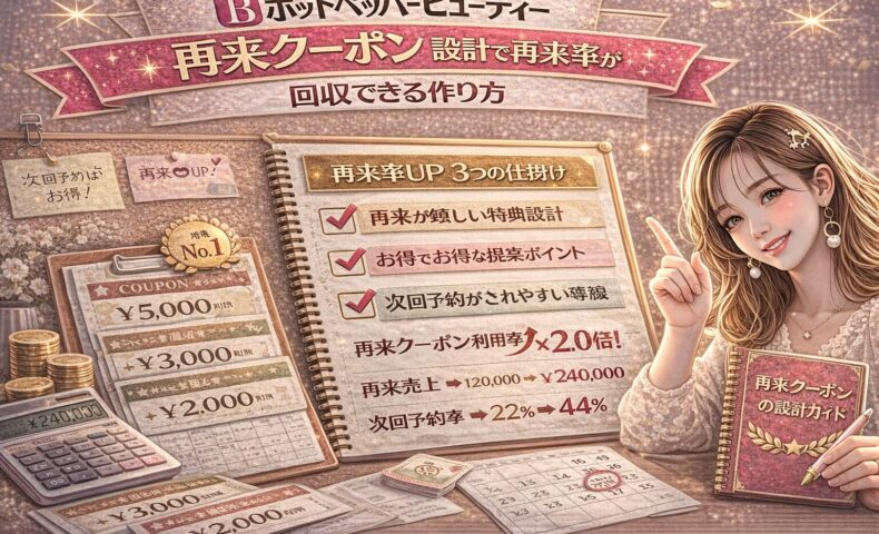 ホットペッパービューティーの再来クーポン設計をテーマにしたアイキャッチ画像。ゴールドとピンクを基調に、「再来率UP 3つの仕掛け」と書かれたチェックリスト、売上や再来率が2倍になった数値データ、クーポン券や電卓、カレンダーが配置され、右側に再来クーポン設計ガイドを持つ女性が描かれている。