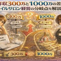 年収300万円と1000万円の違いを、悩むネイルサロン経営者と成功した経営者の対比で表現したアニメ風アイキャッチ画像