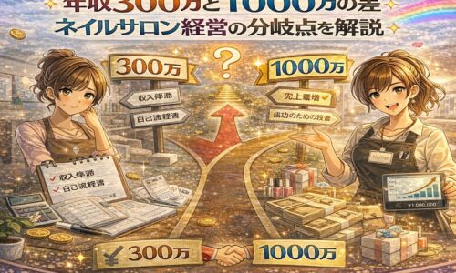 年収300万円と1000万円の違いを、悩むネイルサロン経営者と成功した経営者の対比で表現したアニメ風アイキャッチ画像