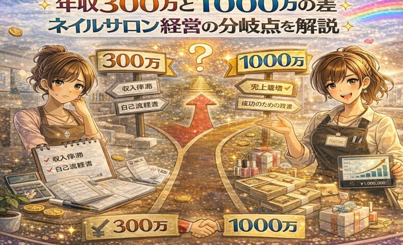 年収300万円と1000万円の違いを、悩むネイルサロン経営者と成功した経営者の対比で表現したアニメ風アイキャッチ画像