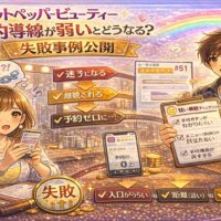 ホットペッパービューティーの予約導線が弱いことで予約ゼロに陥る様子を描いたアイキャッチ画像。困った表情の女性オーナーと、導線チェックリストを持つ男性。画面には「迷子になる」「離脱される」「予約ゼロに」の流れが図解されている。