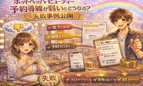 ホットペッパービューティーの予約導線が弱いことで予約ゼロに陥る様子を描いたアイキャッチ画像。困った表情の女性オーナーと、導線チェックリストを持つ男性。画面には「迷子になる」「離脱される」「予約ゼロに」の流れが図解されている。