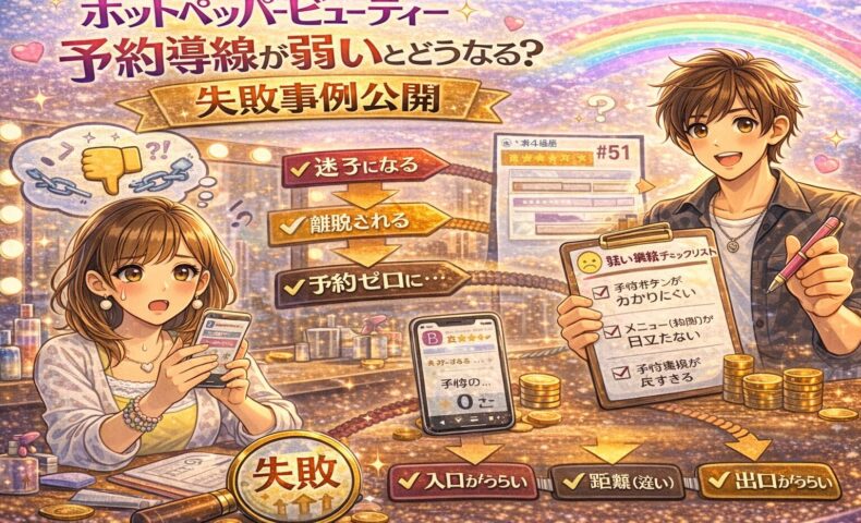 ホットペッパービューティーの予約導線が弱いことで予約ゼロに陥る様子を描いたアイキャッチ画像。困った表情の女性オーナーと、導線チェックリストを持つ男性。画面には「迷子になる」「離脱される」「予約ゼロに」の流れが図解されている。