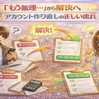 アカウント作り直しの悩みから解決までの流れを表現したカラフルな美容室イメージ