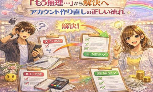 アカウント作り直しの悩みから解決までの流れを表現したカラフルな美容室イメージ