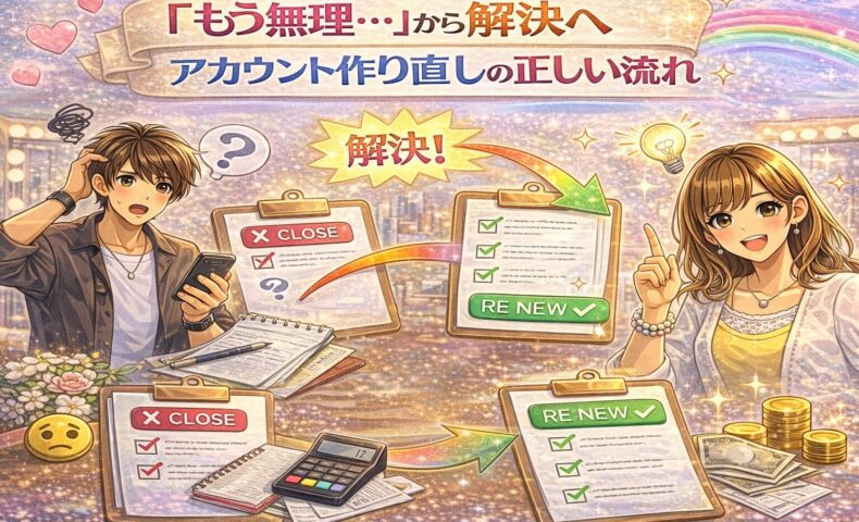 アカウント作り直しの悩みから解決までの流れを表現したカラフルな美容室イメージ