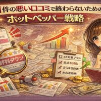 1件の悪い口コミに悩む女性と、評価改善のためのホットペッパー戦略を示すグラフやチェックリストが描かれたアイキャッチ画像