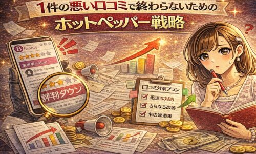 1件の悪い口コミに悩む女性と、評価改善のためのホットペッパー戦略を示すグラフやチェックリストが描かれたアイキャッチ画像