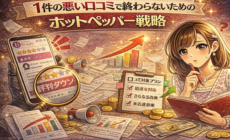 1件の悪い口コミに悩む女性と、評価改善のためのホットペッパー戦略を示すグラフやチェックリストが描かれたアイキャッチ画像