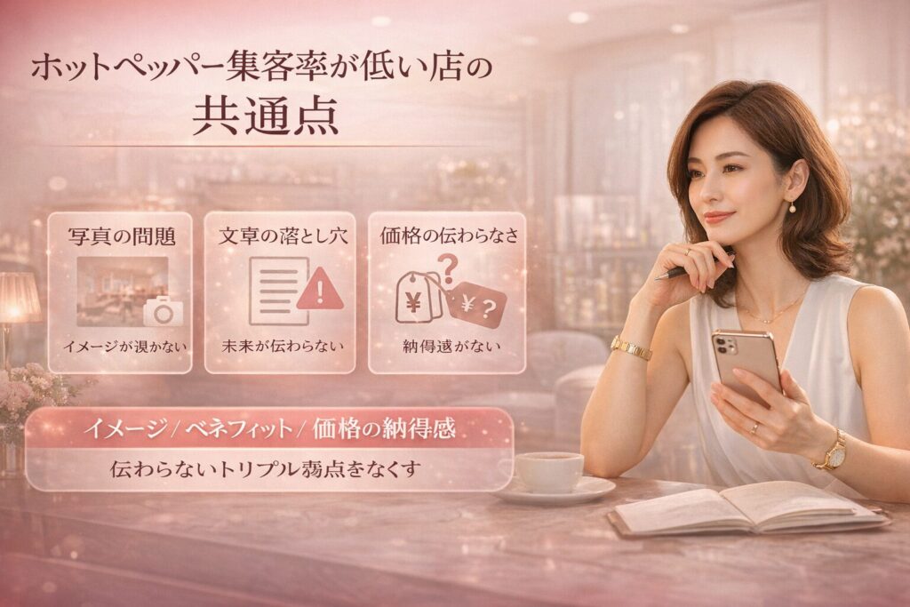 ホットペッパー集客率が低い店の共通点を写真・文章・価格の3要素で解説する美容サロン向け横型マーケティング画像