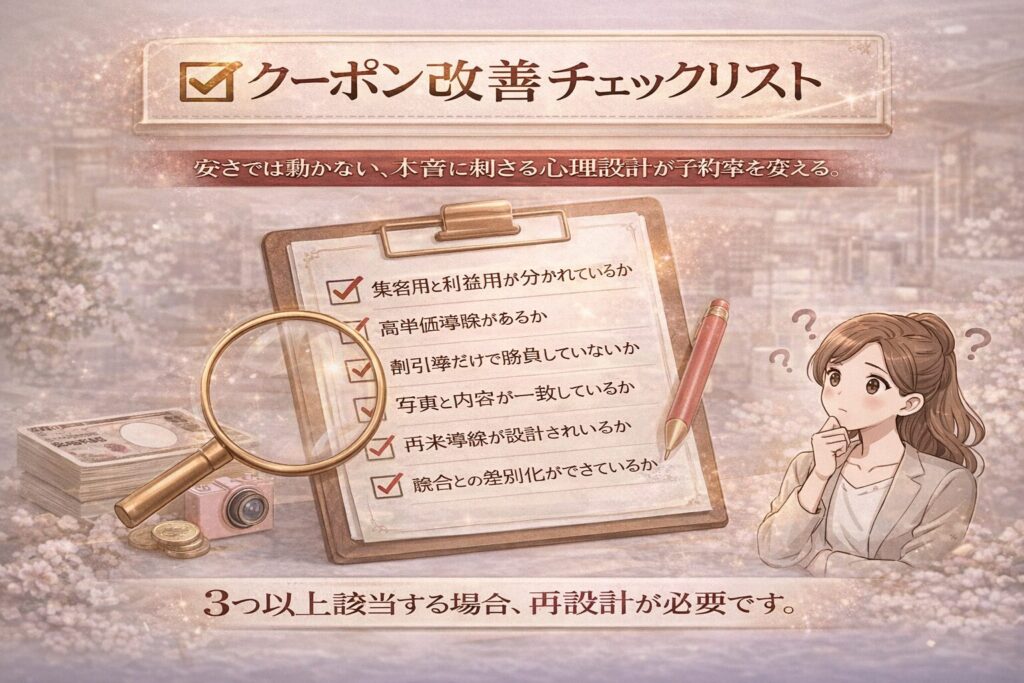 ホットペッパービューティーのクーポン改善チェックリストを示した横型画像。集客用と利益用の分離、高単価導線、再来設計、競合差別化など6項目を確認し、3つ以上該当で再設計が必要と訴求しているデザイン。