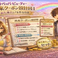 ホットペッパービューティーの再来クーポン設計をテーマにしたアイキャッチ画像。再来30％OFFクーポンや「また来たいセット」と書かれたボードを持つ男女のサロンオーナー。中央には再来クーポン設計図（特典設計・期間設定・VIP特典など）が図解され、ゴールドの演出でリピート成功を象徴している。