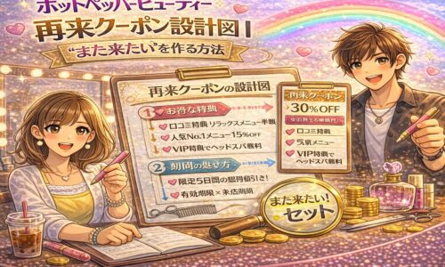 ホットペッパービューティーの再来クーポン設計をテーマにしたアイキャッチ画像。再来30％OFFクーポンや「また来たいセット」と書かれたボードを持つ男女のサロンオーナー。中央には再来クーポン設計図（特典設計・期間設定・VIP特典など）が図解され、ゴールドの演出でリピート成功を象徴している。