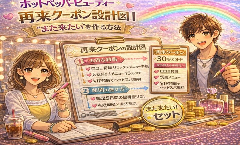 ホットペッパービューティーの再来クーポン設計をテーマにしたアイキャッチ画像。再来30％OFFクーポンや「また来たいセット」と書かれたボードを持つ男女のサロンオーナー。中央には再来クーポン設計図（特典設計・期間設定・VIP特典など）が図解され、ゴールドの演出でリピート成功を象徴している。
