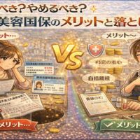 美容国保の加入判断をテーマに、保険証や保険料の書類を見て悩む美容師と安心した表情の美容師を対比で描いたアニメ風アイキャッチ画像