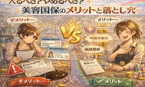 美容国保の加入判断をテーマに、保険証や保険料の書類を見て悩む美容師と安心した表情の美容師を対比で描いたアニメ風アイキャッチ画像