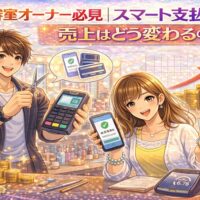 スマート支払い導入で美容室の売上変化を表現したカラフルなサロンイメージ