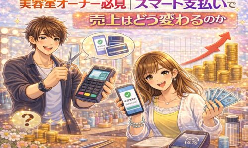 スマート支払い導入で美容室の売上変化を表現したカラフルなサロンイメージ