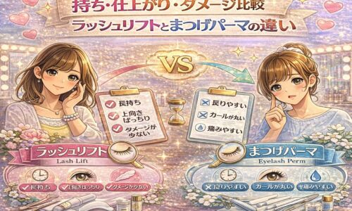 ラッシュリフトとまつげパーマの持ち・仕上がり・ダメージを比較した華やかな美容イメージ