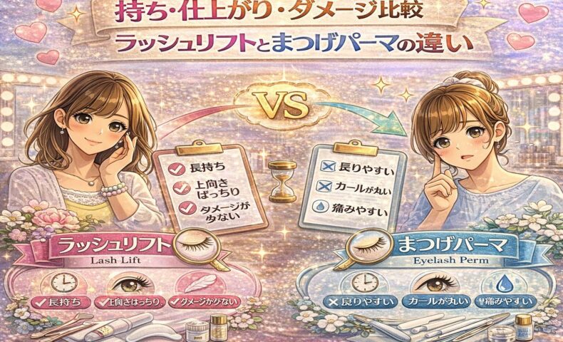 ラッシュリフトとまつげパーマの持ち・仕上がり・ダメージを比較した華やかな美容イメージ